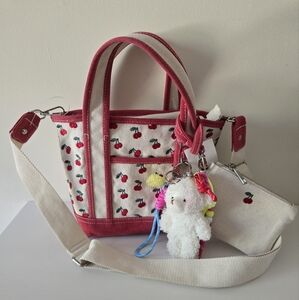 Cherry Embroidered Canvas Tote Bag + Pouch & Plush Charm